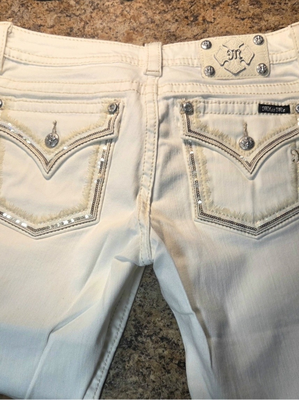 Miss Me White Skinny Jeans with Sequined Pocket Trim